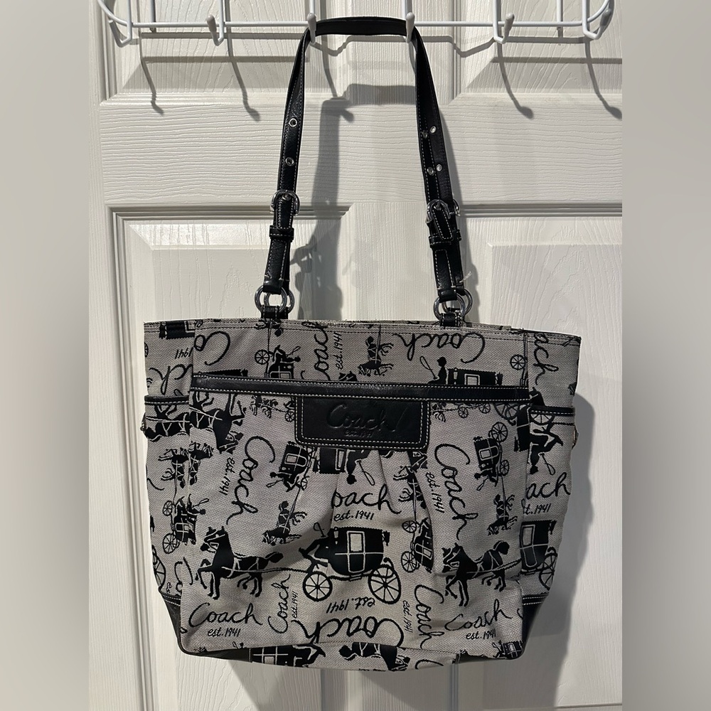 Coach Black and Gray Carriage Print Purse